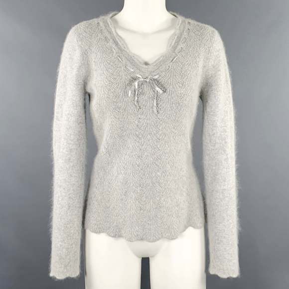 LUCY & LAUREL Sweaters - LUCY & LAUREL Grey Nylon Blend Ribbon Trim V-Neck Sweater